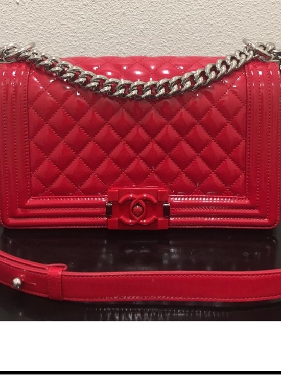 CHANEL Handbags - CHANEL Quilted Patent Leather Boy Flap Shoulder Bag in Deep Red